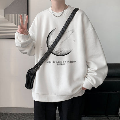Winter Warm Sweatshirts New Men Simple Stroke Moon Graphic Pullovers Oversized Korean Style Man Letter Print O Neck Tops