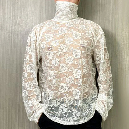 saferido Mens Spring Autumn Lace Transparent Sexy Rose High Neck Long Sleeve T-Shirt Genderless Hollow Breathable Jacquard Top Unisex