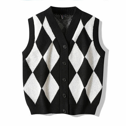 Men's Plaid Sweater Vest Sleeveless V-Neck Button Cardigan Vest Fashion Office Knitted Vest Classic Fit Tank Tops