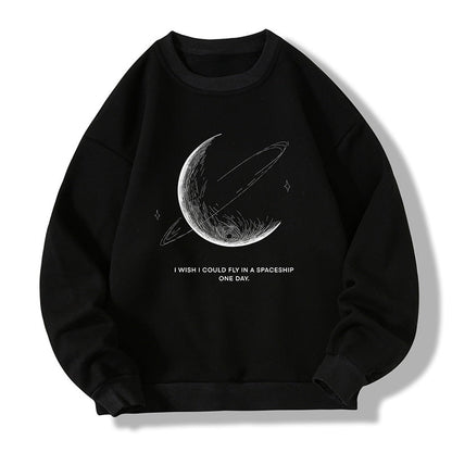 Winter Warm Sweatshirts New Men Simple Stroke Moon Graphic Pullovers Oversized Korean Style Man Letter Print O Neck Tops