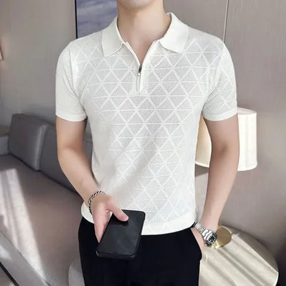 saferido Korean Style Men's Summer Casual Knitted Polo Shirts/Male Slim Fit Fashion Zipper Design Hollow Out Polo Shirts S-3XL
