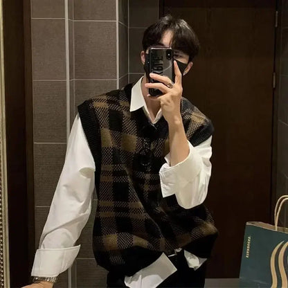 saferido Knitted Sweaters for Men Plaid V Neck Man Clothes Waistcoat Sleeveless Vest Casual Korean Autumn Y2k Streetwear Elegant