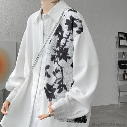 saferido Spring Autumn Long Sleeve Print Shirt Man Black/White High Street Fashion Casual Button Patchwork Harajuku All-match Blouse