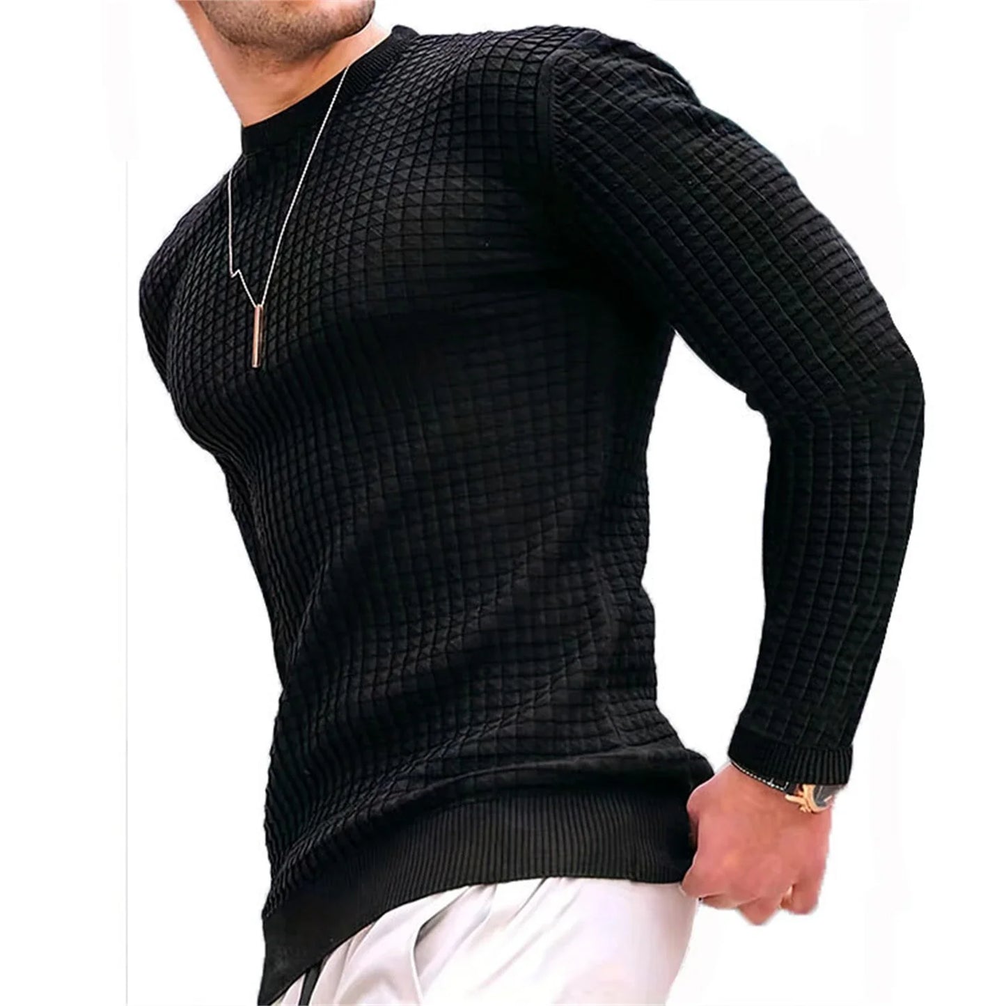 Men's coat fashion small check Waffle youth round neck jacquard check hoodie