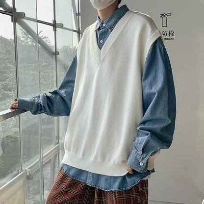 saferido Men Sleeveless Vest V-Neck Knitted Sweater Spring Autunm Solid Oversized Baggy Tops Ins Fashion Streetwear Vintage Y2K Clothes