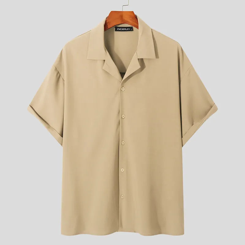 Men Casual Shirt Lapel Short Sleeve Button Streetwear Summer Men Clothing Solid Color Korean Fashion Shirts S-5XL
