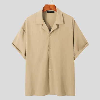 Men Casual Shirt Lapel Short Sleeve Button Streetwear Summer Men Clothing Solid Color Korean Fashion Shirts S-5XL