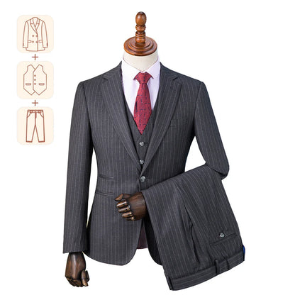 saferido  Premium Suit British Striped for Men's Business Formal Dress, Wedding, and Groom, Slim-fit Coat Vest & Pants