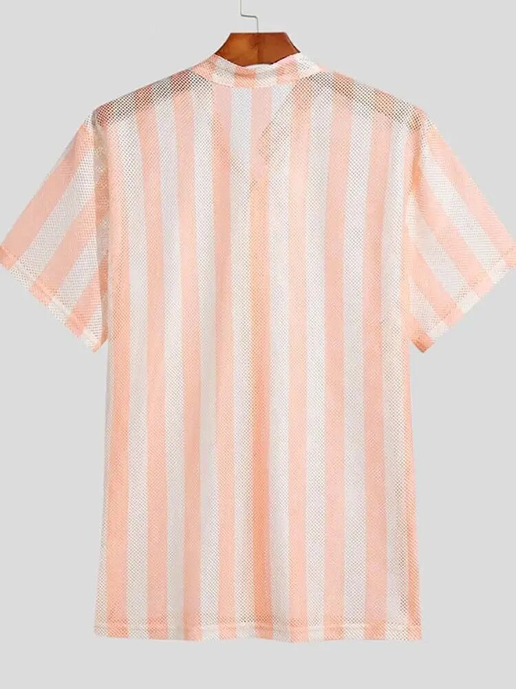 Casual Well Fitting Men's Mesh Striped Slightly Breathable Blouse Vacation Leisure Style Male Short-sleeved Shirts S-5XL