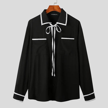 Men Casual Shirt Patchwork Lapel Long Sleeve Korean Style Men Clothing Streetwear Lace Up Elegant Shirts S-5XL