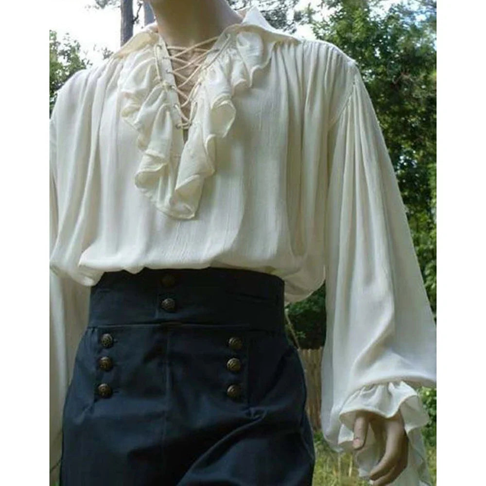 saferido Mens Renaissance Costume Ruffled Long Sleeve Lace Up Medieval Steampunk Pirate Shirt Cosplay Prince Drama Stage Costume Tops