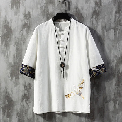 saferido Chinese Style Disc Button Linen T-shirt Mens Summer Short-sleeved Tang Shirt Loose Large Size T-shirt Japanese Kimono Men New