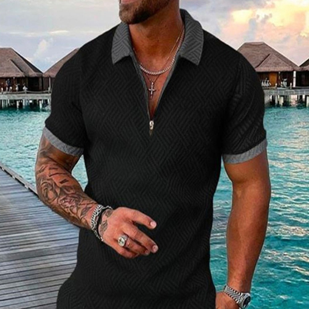 Men Summer Hawaiian Turn Down Collar V Neck T-Shirt Casual Zipper Short Sleeve Blouse Daily Tee High Quality Clothing S-3XL
