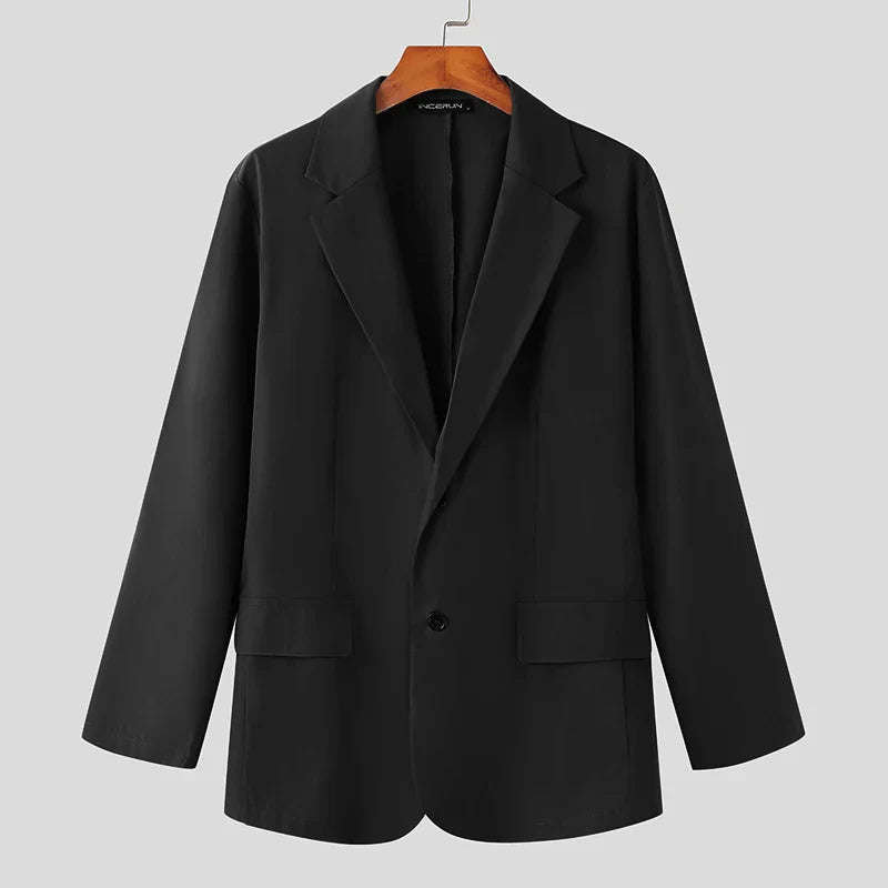 Men Blazer Solid Color Lapel Long Sleeve Streetwear Fashion Button Casual Suits Men Elegant Leisure Thin Coats 5XL