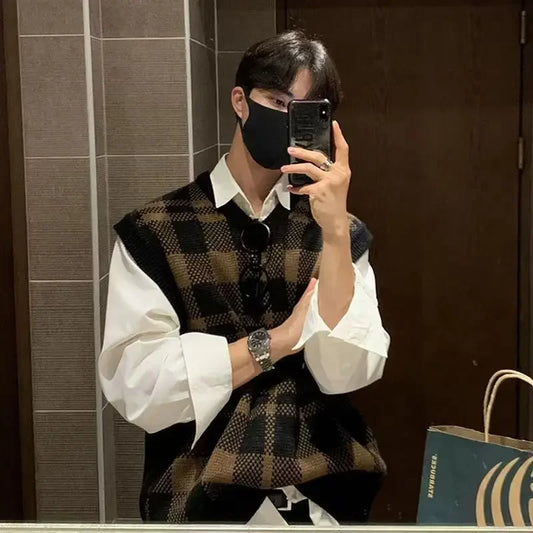 saferido Knitted Sweaters for Men Plaid V Neck Man Clothes Waistcoat Sleeveless Vest Casual Korean Autumn Y2k Streetwear Elegant
