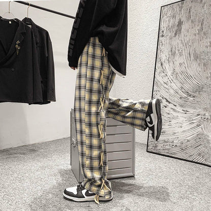 saferido Casual Straight Wide Leg Pants Breathable High Street Trend Loose Casual Cargo Pants Plaid Black Rope Decorative Trousers Spring