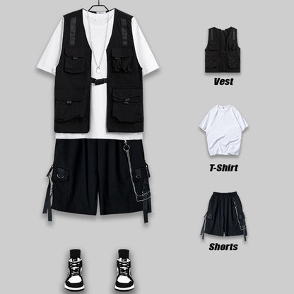 Men's Shorts Set Tank Top Men Cargo Punk Rave Vest Male Shirt Streetwear Hip Hop Hippie Men Clothing Pockets