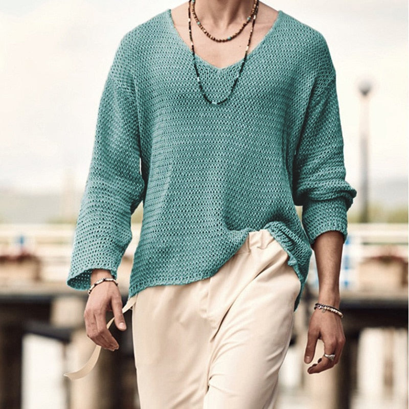 Autumn Men Long Sleeve T Shirt Vintage Solid Knitting Tops Mens Casual Loose V Neck Tee Fashion Male Knitted Clothing Streetwear