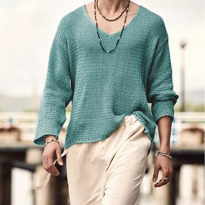 Autumn Men Long Sleeve T Shirt Vintage Solid Knitting Tops Mens Casual Loose V Neck Tee Fashion Male Knitted Clothing Streetwear