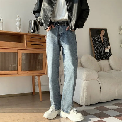 Korean Blue Jeans Men Slim Fit Fashion Casual Vintage Jeans Men Streetwear Hip-hop Straight Denim Pants Mens Trousers M-2XL