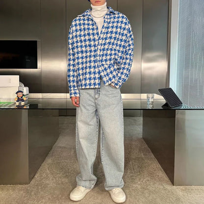 saferido Spring New Simple Versatile Fashionable Blue Houndstooth Woolen Shirt Style Genderless Casual Unisex Long-Sleeved Shirt