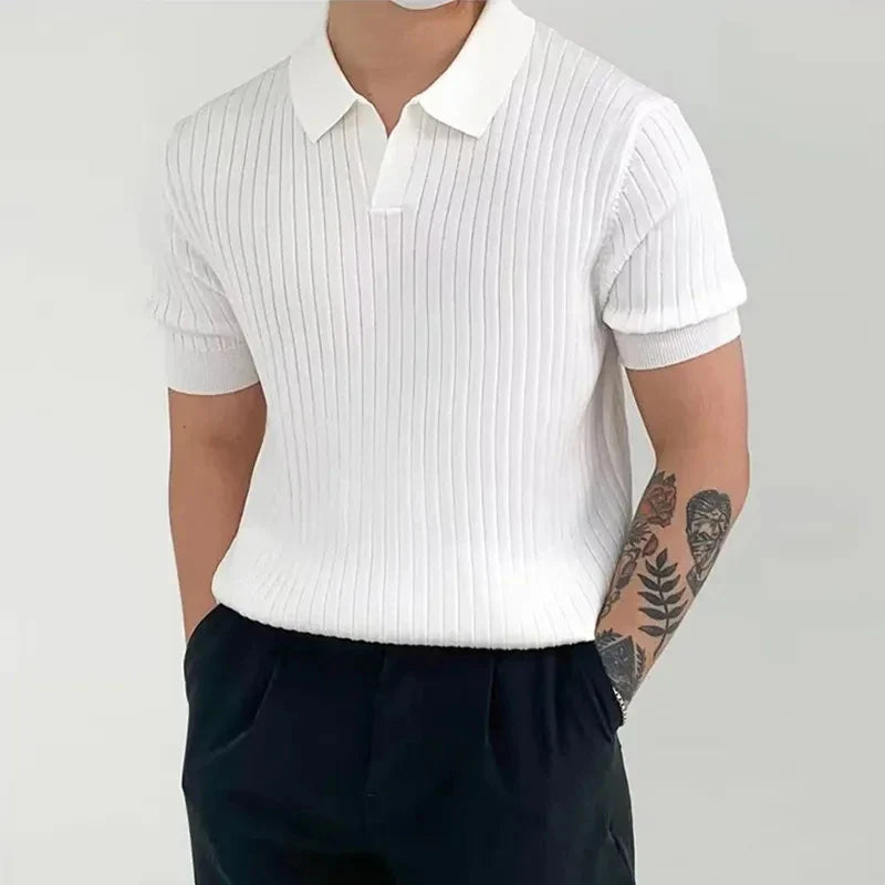 Fashion Solid Color Ribbed Knit Polo Shirt Men Slim Fit half Sleeve Tops Tee  Summer Temperament Youth Polos Tshirts Clothing