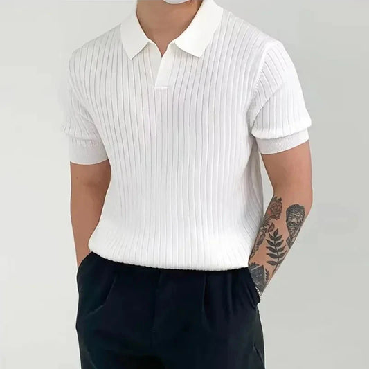 Fashion Solid Color Ribbed Knit Polo Shirt Men Slim Fit half Sleeve Tops Tee  Summer Temperament Youth Polos Tshirts Clothing