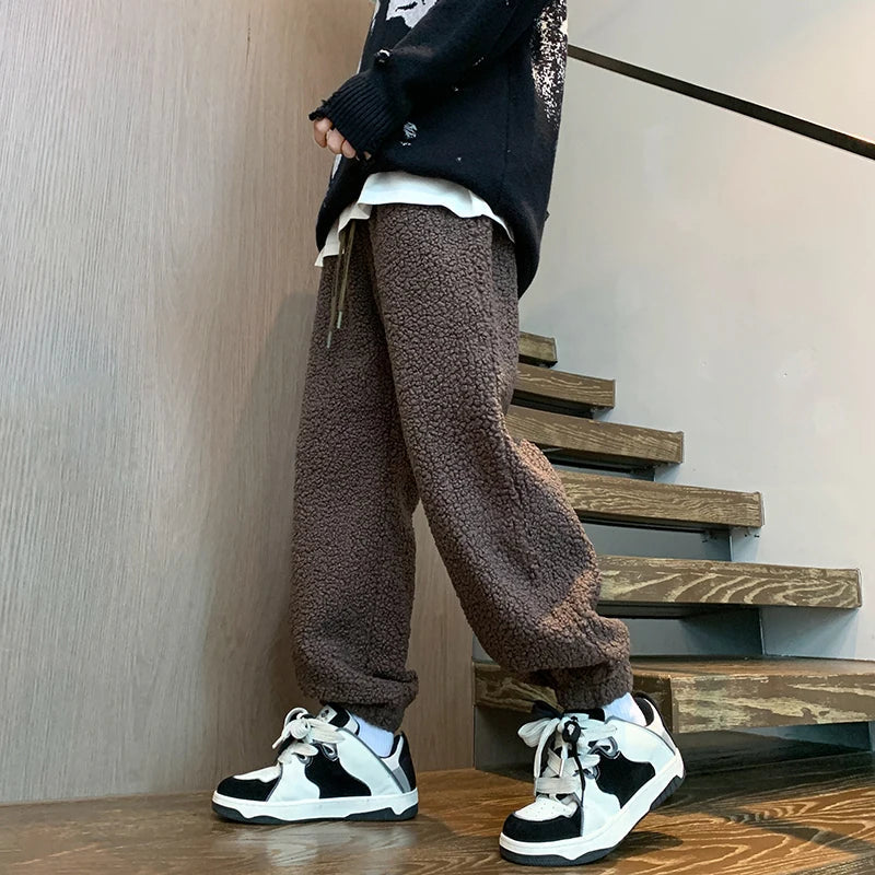 saferido Winter Thickened Pants Men Warm Fashion Retro Lamb Wool Pants Men Oversized Streetwear Loose Straight Pants Mens Thick Trousers