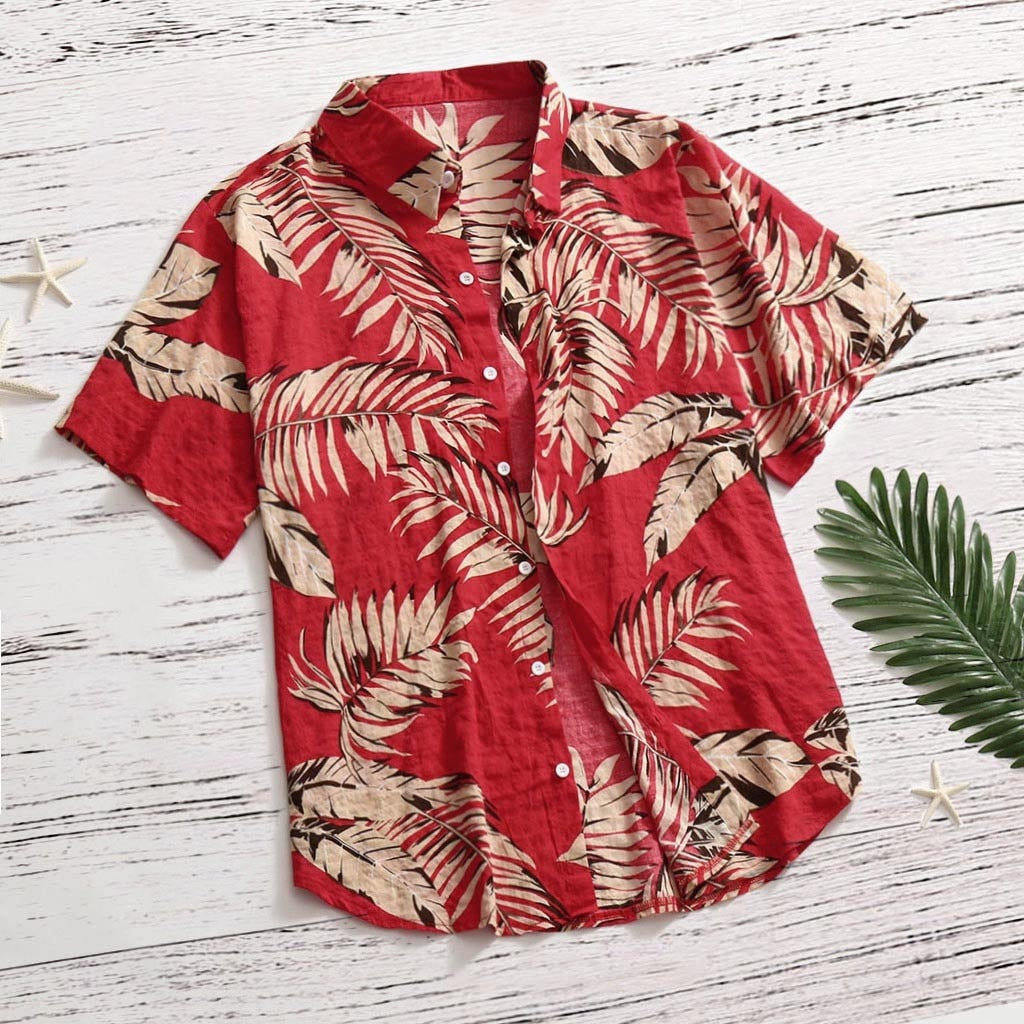 Hawaiian Shirts Red Tropical Shirts Floral Men  Tops Summer Casual Short Sleeve Button Shirt Chemise Loose Vacation Beach