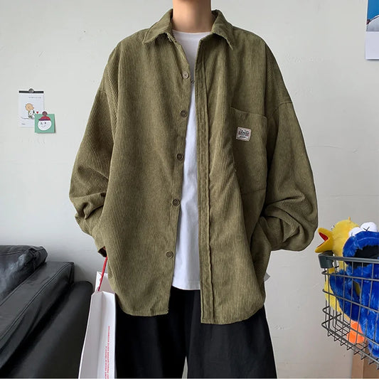 saferido Green Men's Corduroy Long Sleeve Shirts Spring Autumn Korean Top Fashion Casual Vintage Loose Shirt Male Clothing Oversized 3Xl