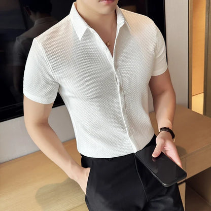 Men Waffle Shirt Short Sleeved Summer New British Style Business Non Ironing Solid Color Casual Slim Fit Shirt Men Clothing