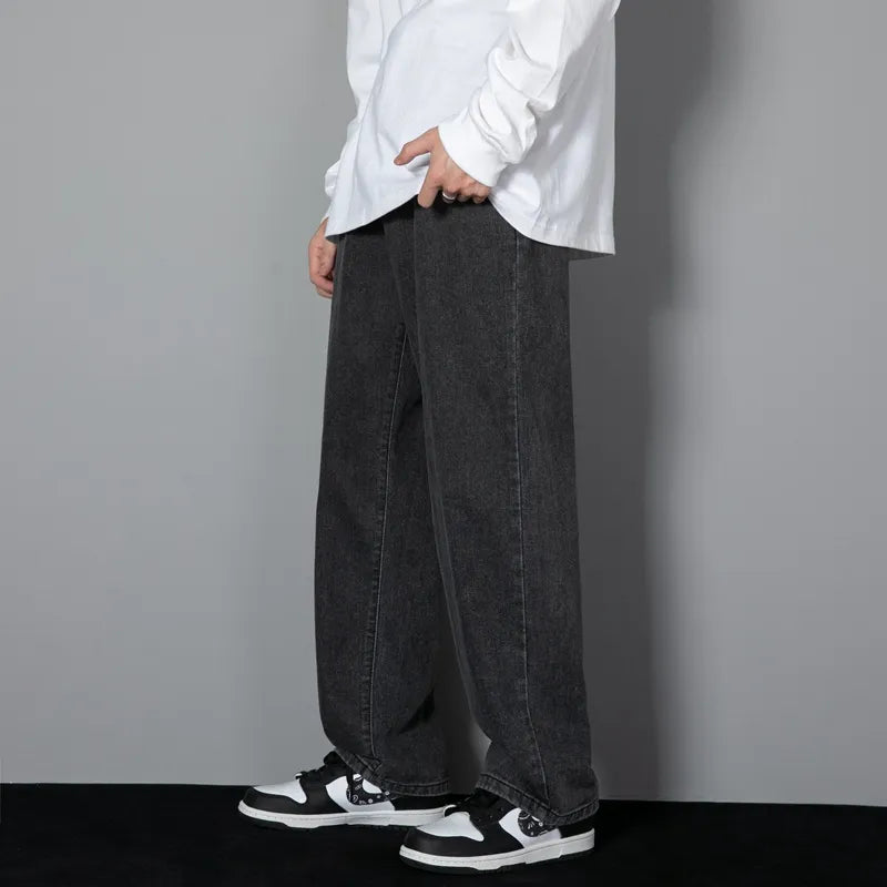 saferido New Korean Men's Casual Long Jeans Classic Man Straight Denim Wide-leg Pants Solid Color Light Blue Grey Black 3XL