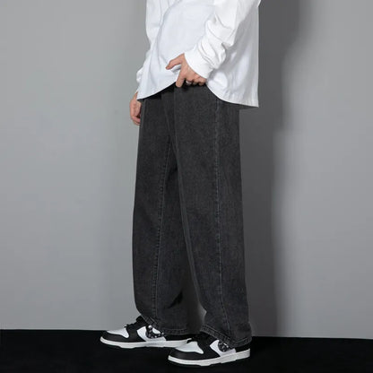 saferido New Korean Men's Casual Long Jeans Classic Man Straight Denim Wide-leg Pants Solid Color Light Blue Grey Black 3XL