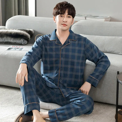 Men Pajamas Set Lounge Sleepwear Plaid Pyjamas Long Sleeve Spring Autumn Loungewear Male Homewear Home Clothes
