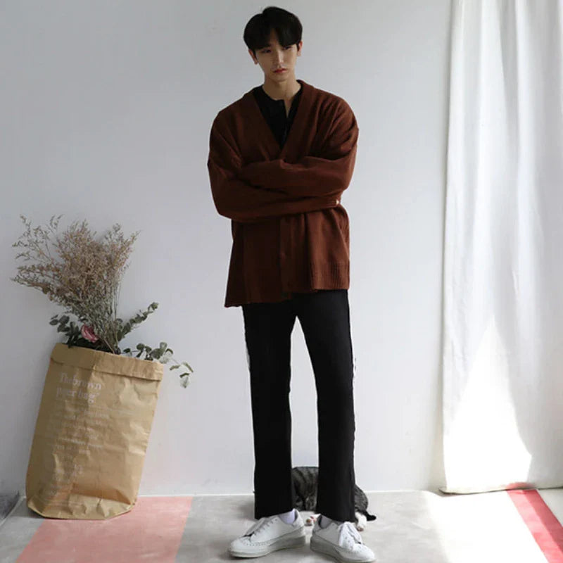 Men Cardigan Korean Style Temperament Pure Gentle Long Sleeve Baggy Knitwear Streetwear Leisure Handsome Cozy Minimalist Ins