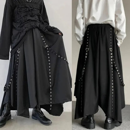 saferido Mens Gothic Rope Belt Decorated Irregular Skirt Pants Genderless Fashion Japanese Style Niche Dark Samurai Pants Hakama Unisex