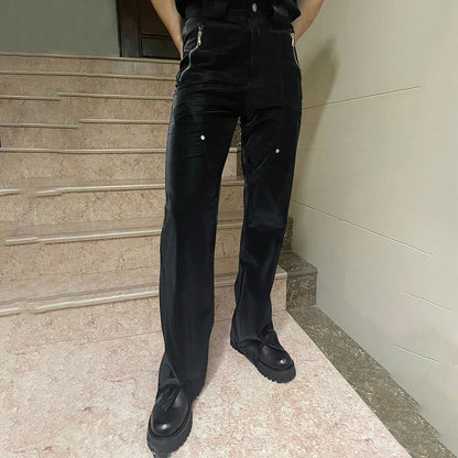 saferido Y2k Mens American Retro Design Punk Street Trousers Fashion High Waist Loose Versatile Split Liquid Leather Pants Unisex