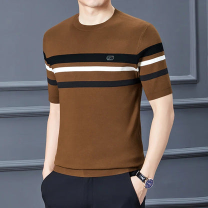 saferido Round Neck Men's Knitwear Spring 2024 Silk Velvet Half Sleeve Thick T-shirt Business Gentleman