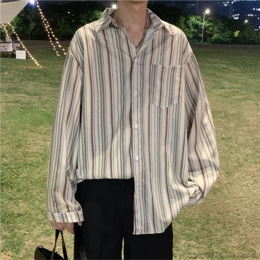 saferido Striped Loose Causal Long Sleeve Shirts Man Button Handsome Turn-down Collar Spring Autumn Office Men's Clothing Green