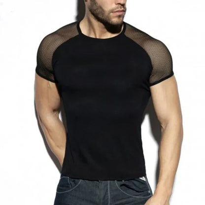 Fashion Men T Shirt Mesh Patchwork Streetwear Crew Neck Short Sleeve Casual Tee Tops Sexy Breathable Camisetas 5XL