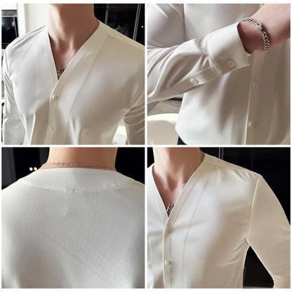saferido Men V-neck Long Sleeve Shirt New British Style Solid Casual Slim Fit Camisas Blusas Formal Dress Shirts Homme Men Clothing