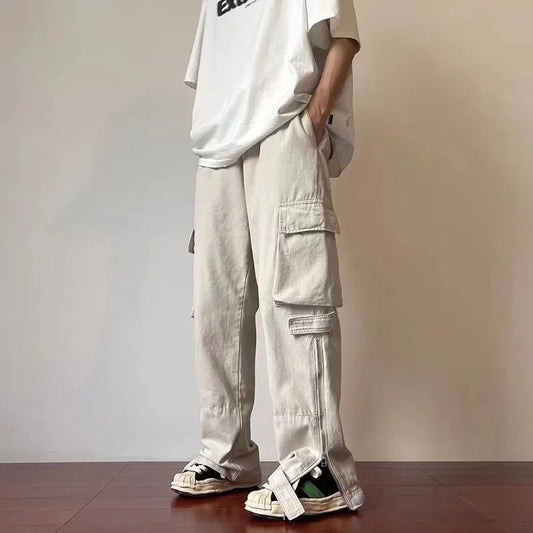saferido Summer thin American retro Multi Pocket overalls for men trousers and women loose ins fashion brand white straight casual pants