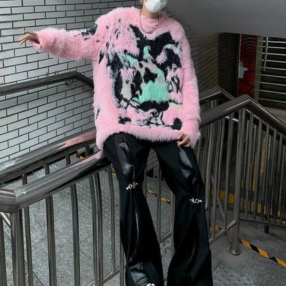 saferido Mens Y2k American Street Pink Graffiti Knitted Sweater Genderless Autumn Winter Fashion Casual Lazy Style Plush Top Unisex