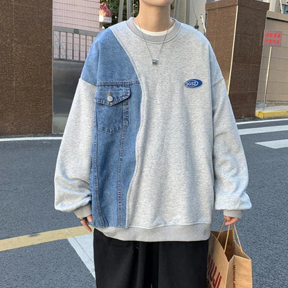 Denim Patchwork Sweatshirt for Men New Autumn Korean Fashion Loose Casual Round Neck Long Sleeve Harajuku Sweatshirt