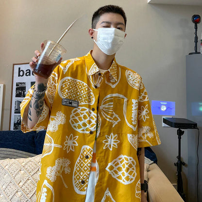 Print Shirts Men Fashion Streetwear Handsome Summer Half Sleeve Turn-down Collar Korean Style Teenagers Popular Youthful Hipster