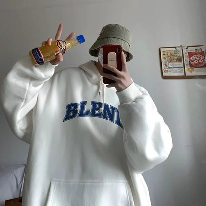 Vintage Fleece Hooded Sweatshirt Men Autumn/Winter New Korean Brand Grey Sweatshirts Men's Oversized Unisex Pullover Hoodie