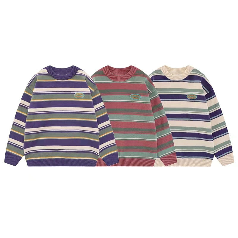 Japanese Patchwork Striped Sweater Men Knitwears New Winter Retro Vintage Harajuku Pullover Knit Embroidery Knitted Sweater