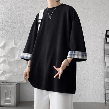 saferido Spring Summer Men's T-shirts Women Oversized 2XL Korean Style Loose Plaid T-shirt Casual Seven sleeves T-Shirt Male White
