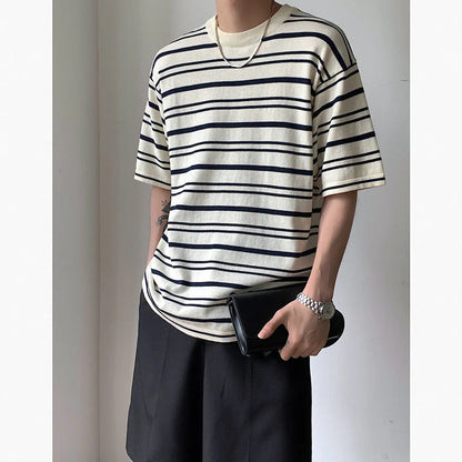 saferido Korean Style Men's Loose Pullover Round Neck Knit T-shirts Striped Printing Top Clothes Tshirts Apricot/navy Color T Shirts