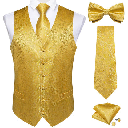 Men Black Paisley Vest Necktie Bowtie Pocket Square Cufflinks Dress Set Classic 5 PCS Business Waistcoat for Man